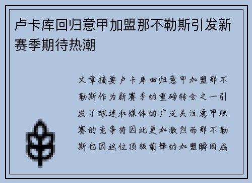 卢卡库回归意甲加盟那不勒斯引发新赛季期待热潮